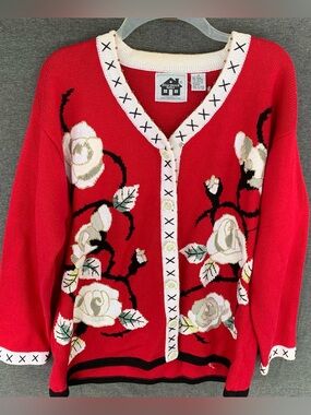 Storybook Knits Cardigan Sweater White Roses Embroidered Womens Size 1X Y2K